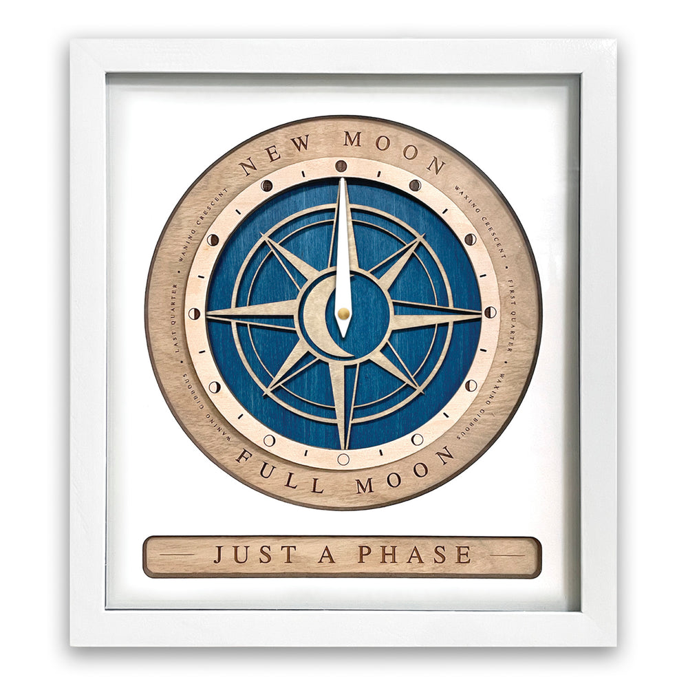 Compass Rose Moon Phase Clock White and Blue