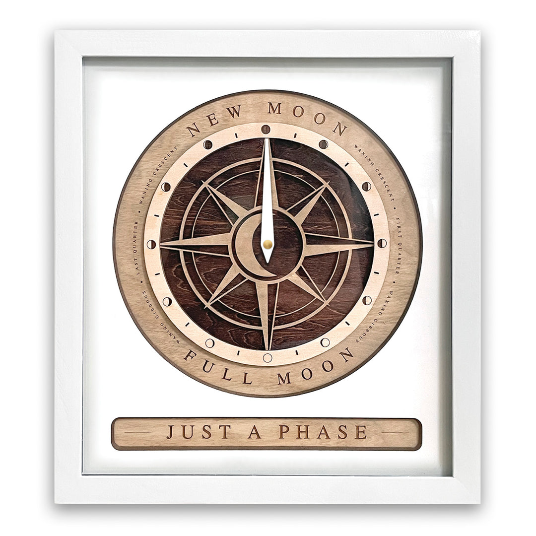 Compass Rose Moon Phase Clock White and Red Mahogany
